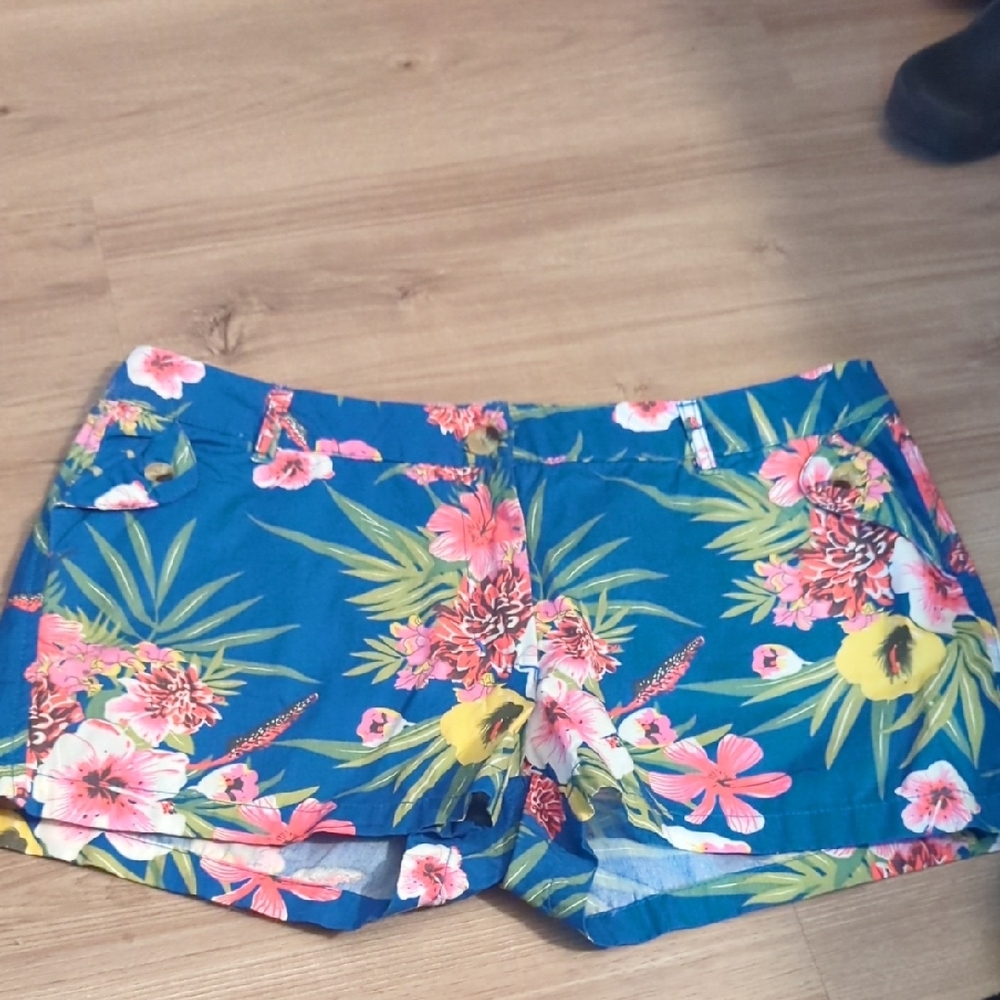 Blue and Pink Cargo Shorts with Tropical Print